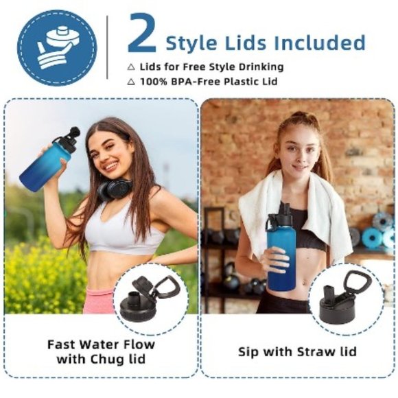 Insulated Stainless Steel Sports Water Bottle - Leak Proof w/ 2 Lids - Picture 3 of 10